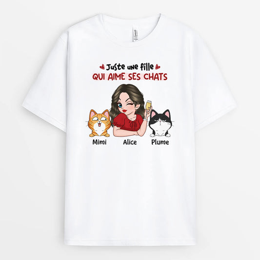 3448AFR1 juste une fille qui aime ses chats mignons tee shirt personnalise chat