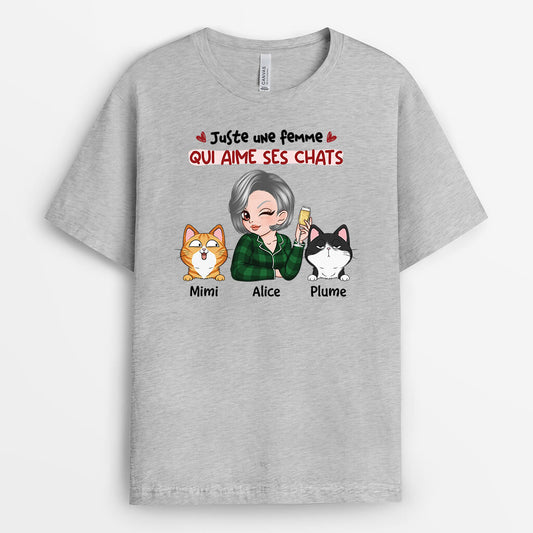3448AFR2 juste une fille qui aime ses chats mignons tee shirt personnalise chat