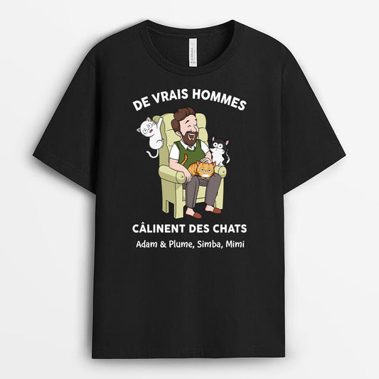 3481AFR1 les vrais hommes calinent des chats mignons t shirt personnalise avec chat