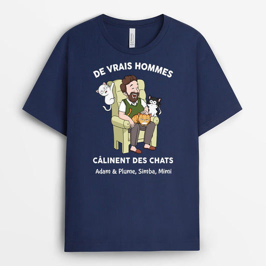 3481AFR2 les vrais hommes calinent des chats mignons t shirt personnalise avec chat