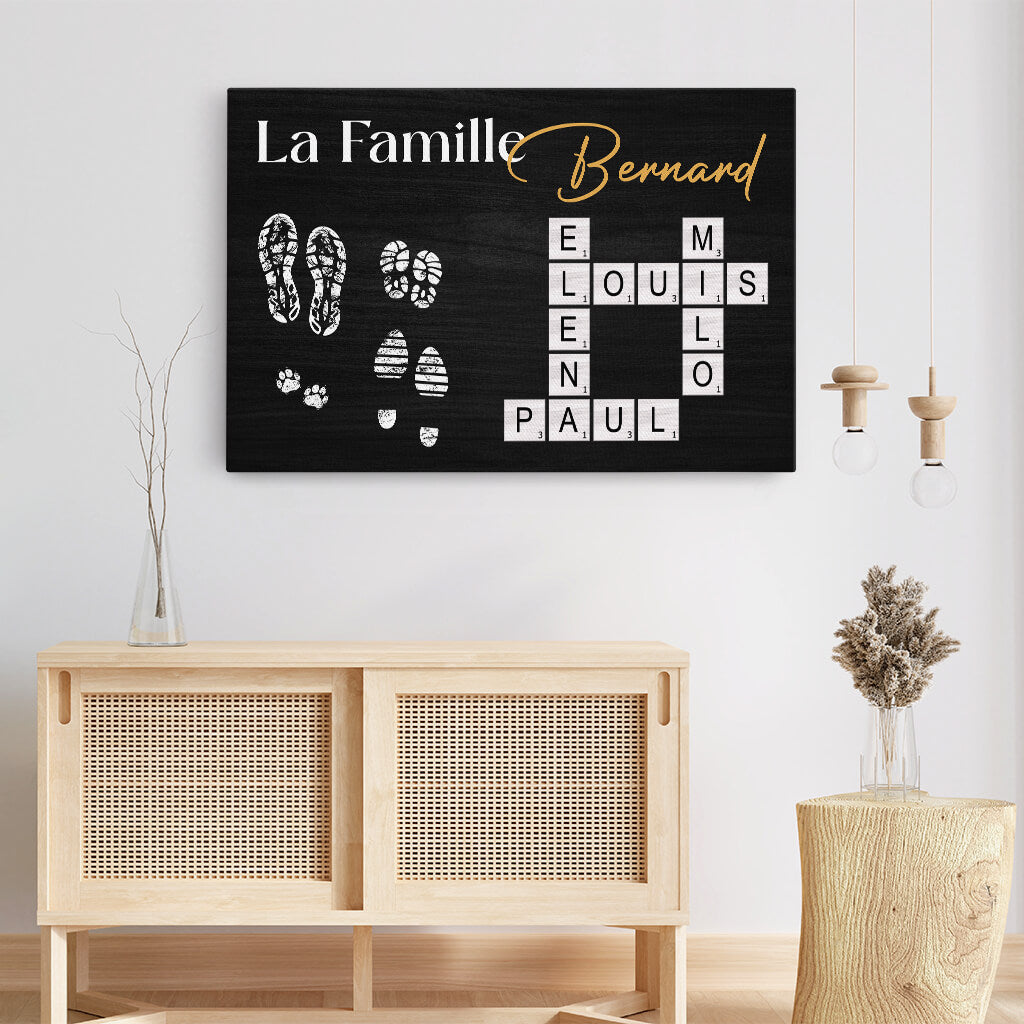 3514CFR3 la famille avec empreintes et mots croises toile famille personnalisee