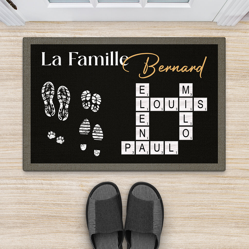 3514DFR2 la famille avec empreintes et mots croises paillasson famille personnalise