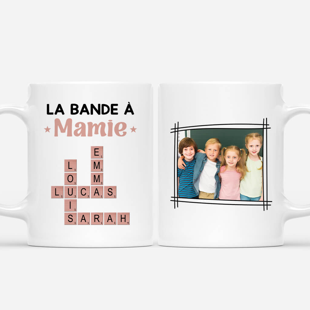 3590MFR1 la bande a mamie version bleue avec photo et mots croises mug pour mamie personnalise