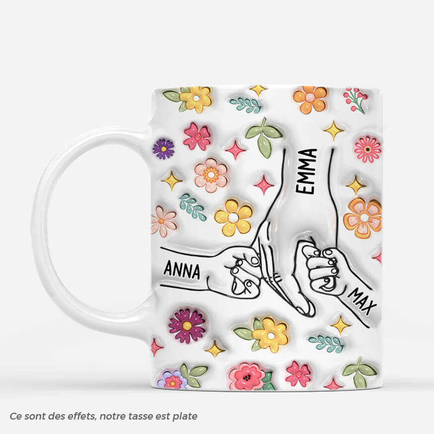 3626MFR1 maman tenant les mains avec fleurs eclatants 3d mug personnalisable pour maman