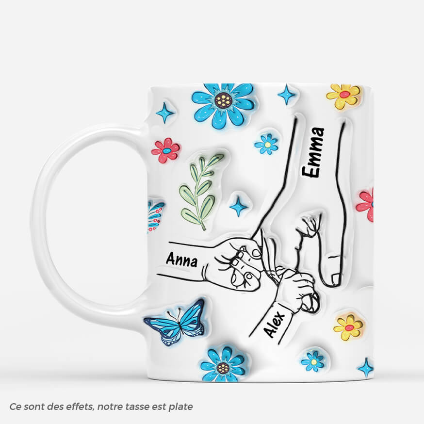 3646MFR1 maman tenant les mains avec fleurs et papillons 3d mug pour maman personnalise