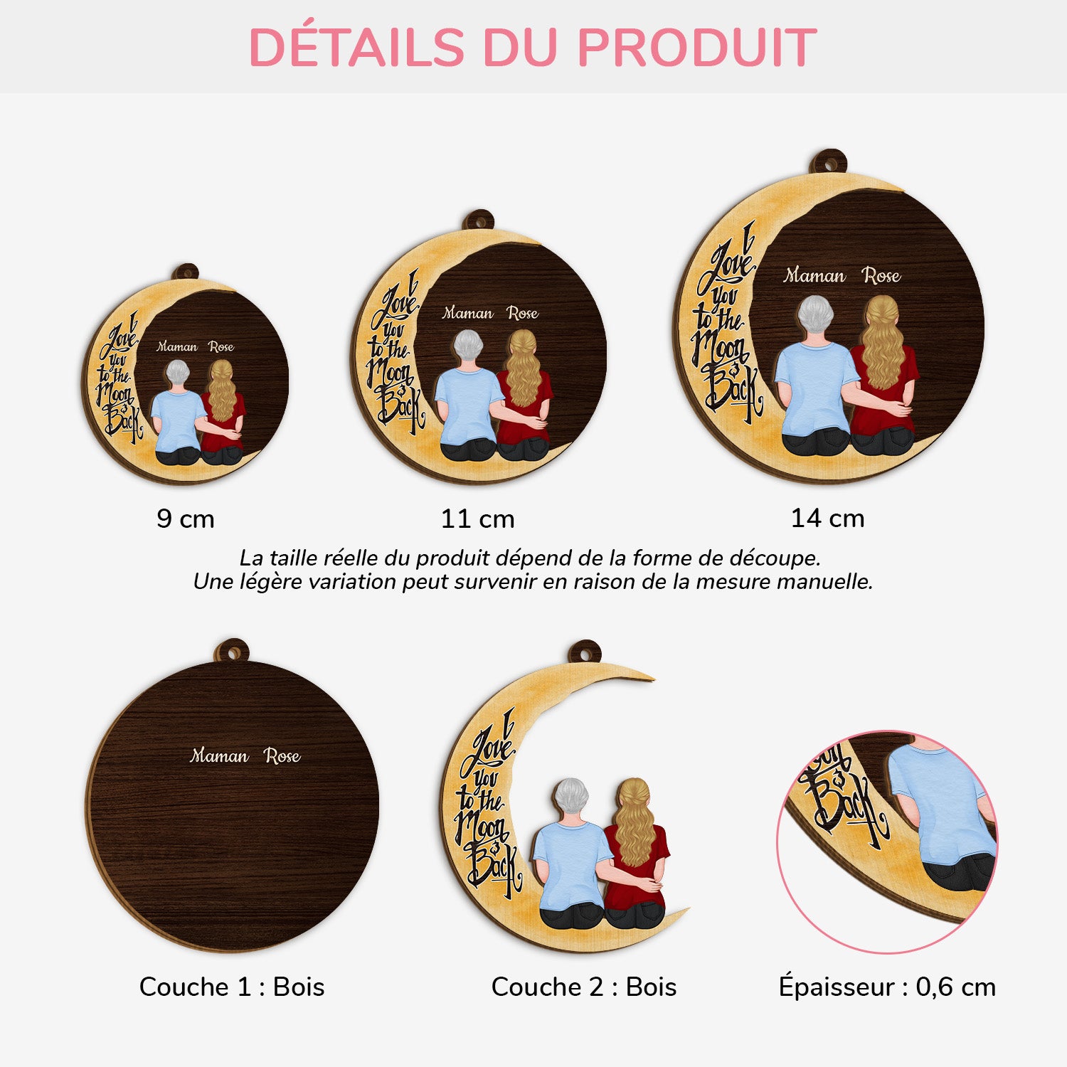 3765OFR3 ornement en bois a 2 couches personnalise pour maman jusqua la lune et au retour 3765o