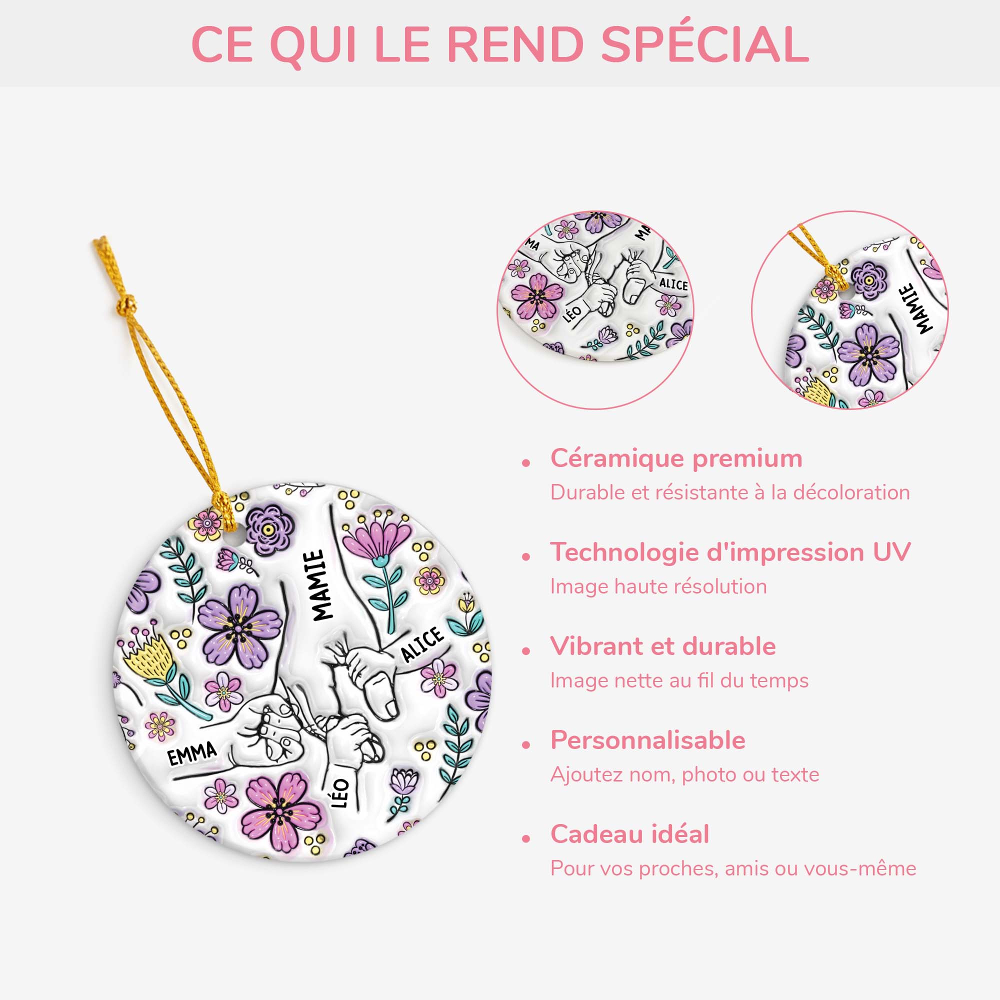3822OFR4 ornement ceramique personnalise mamie tenant les mains avec fleurs 3822o6o5a