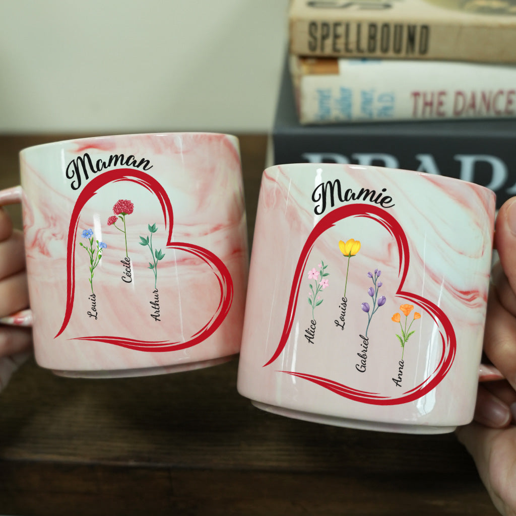 4001MFR2 mug effet marbre personnalise maman mamie coeur et fleurs 4001m