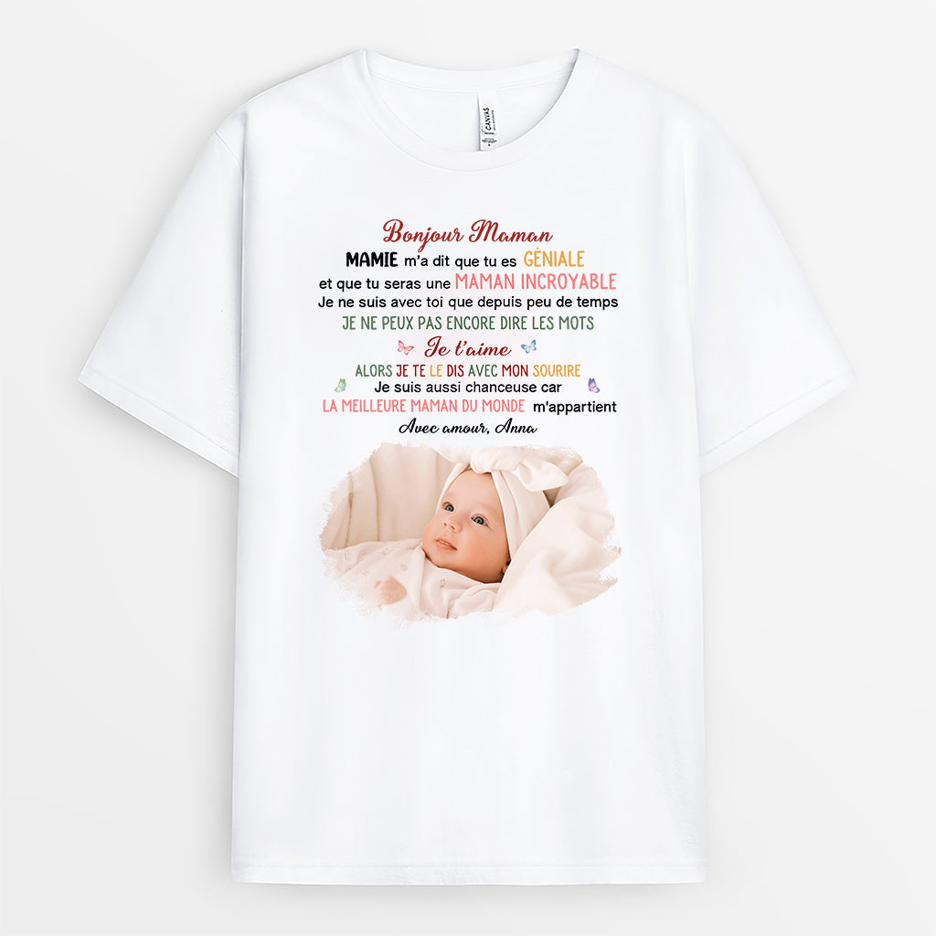 4055AFR1 t shirt femme personnalise bonjour maman avec photo 4055a8l5a