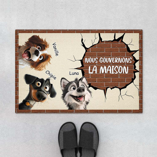 4264DFR1 paillasson chien personnalise nous gouvernons la maison mur en brique 4264dtd5c