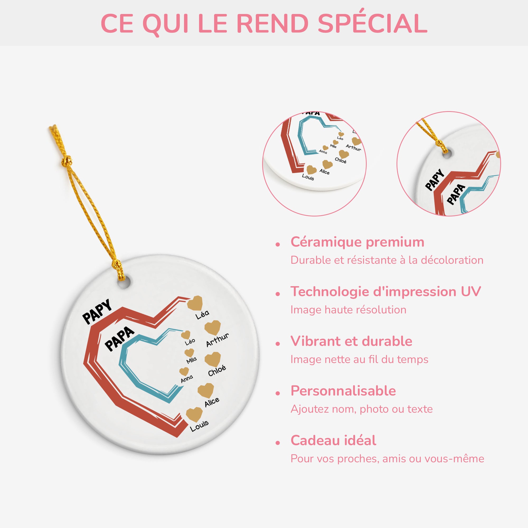 4492OFR4 ses petits coeurs ornement ceramique personnalise pour papa papy 4492otmab