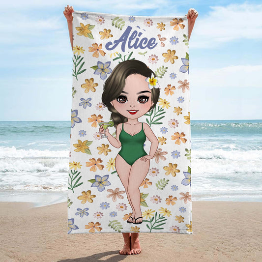 4593BFR2 serviette de plage personnalise femme avec fleurs violettes 4593b5m0a