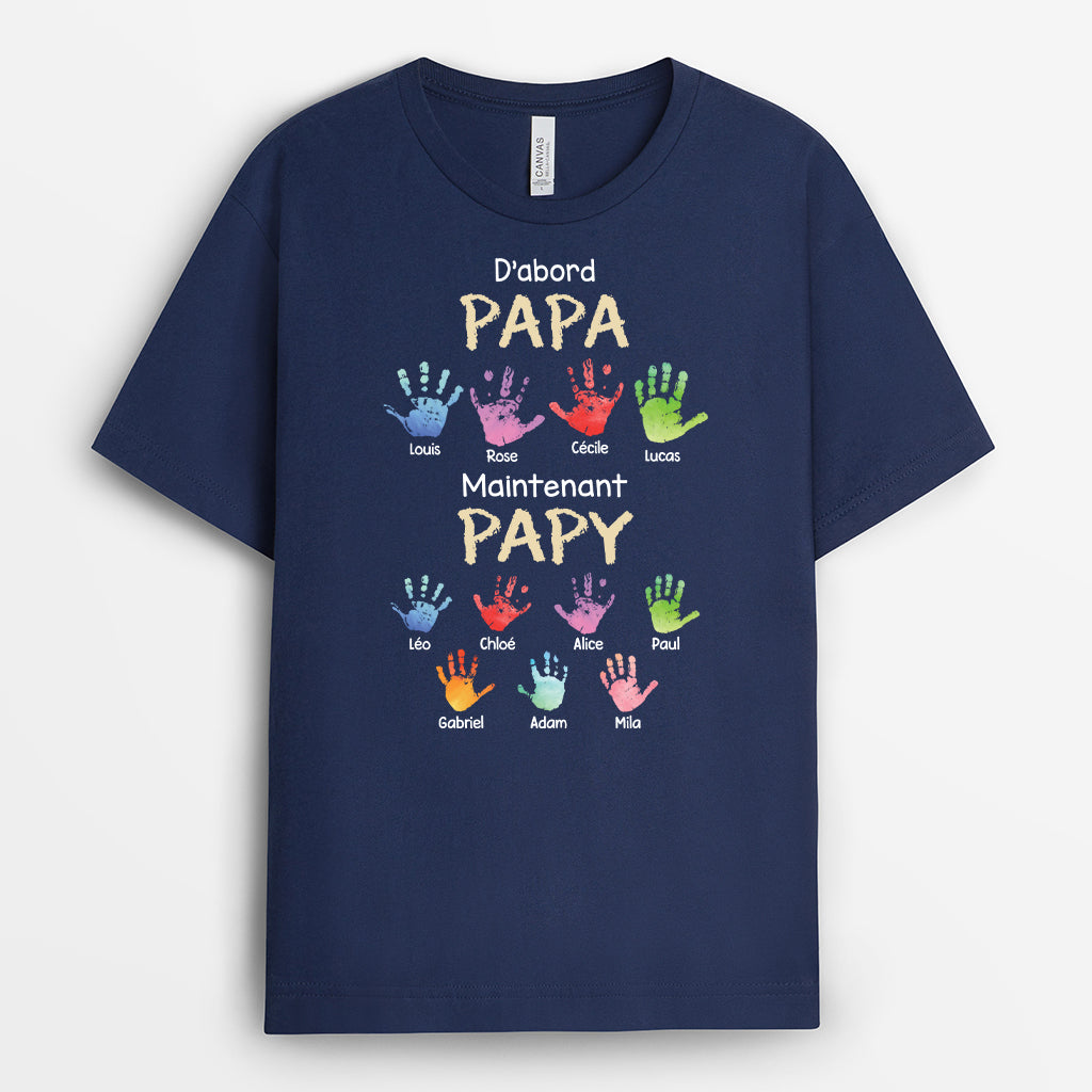 4768AFR2 t shirt personnalise dabord papa maintenant papy empreintes de mains colorees 4768atktb