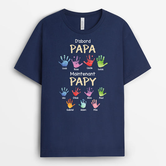 4768AFR2 t shirt personnalise dabord papa maintenant papy empreintes de mains colorees 4768atktb