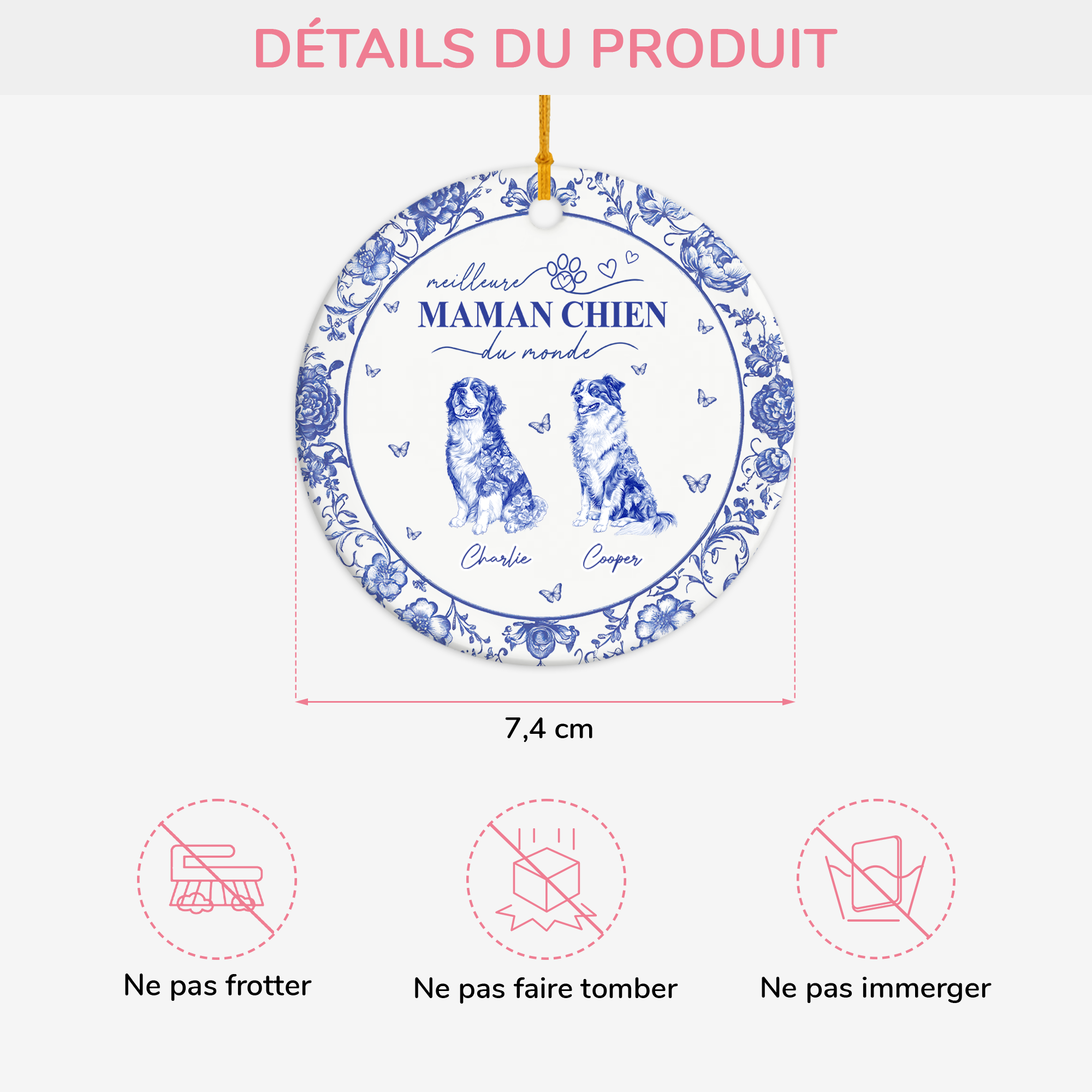4803FR3 ornement personnalise chien meilleure maman chien style bleu toile 4803