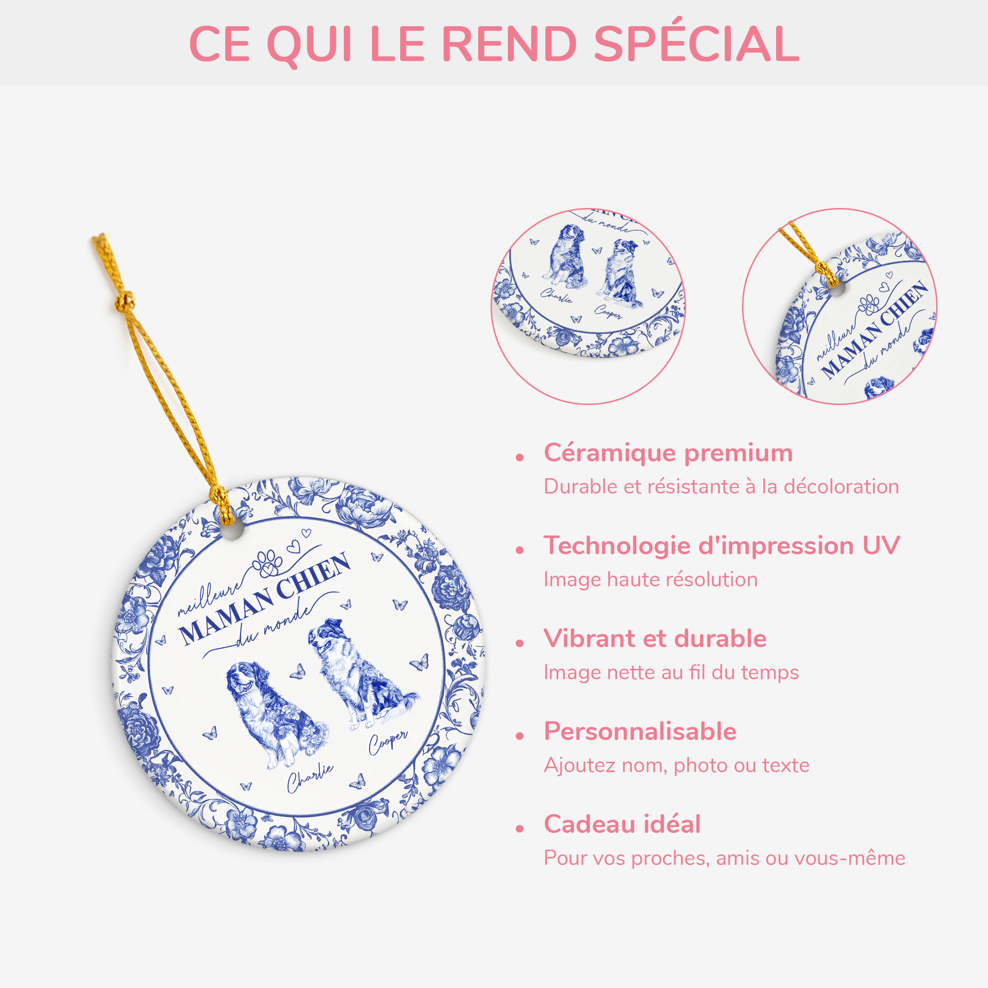 4803FR4 ornement personnalise chien meilleure maman chien style bleu toile 4803