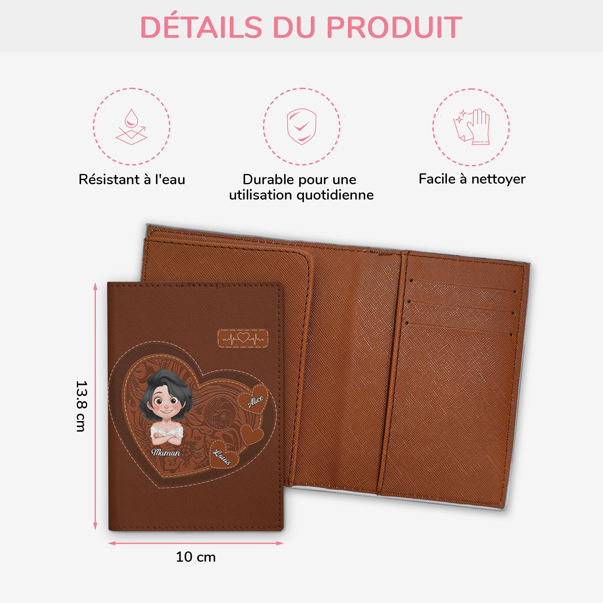 4962OFR3 porte passeport personnalise portrait maman avec coeur design cartoon 4962o