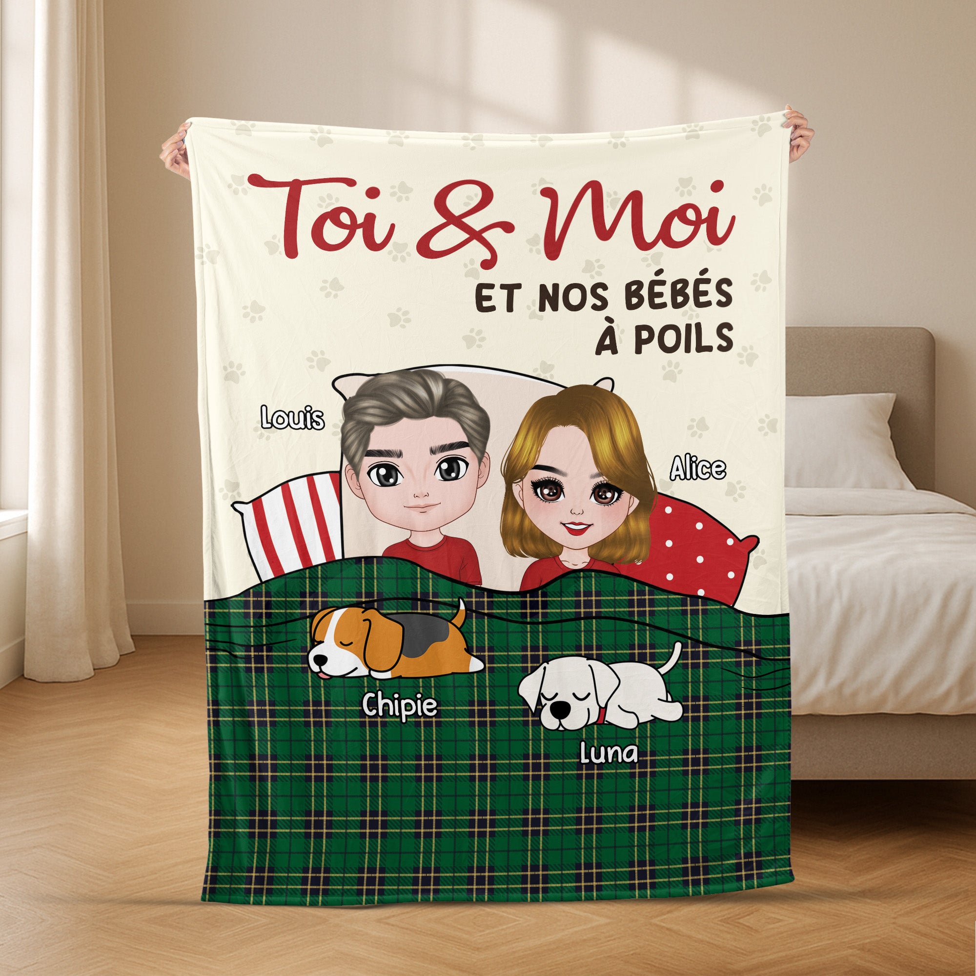5003BFR2 plaid personnalise avec chien toi  moi et nos bebes a poils 5003btgtc