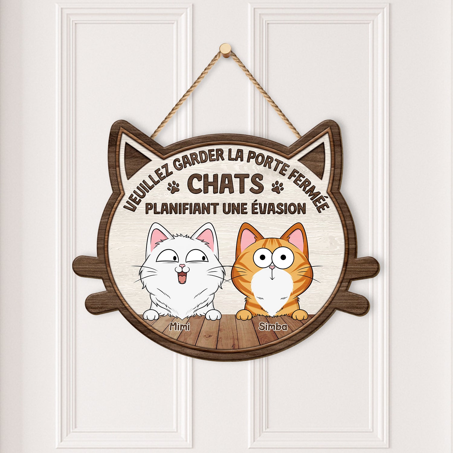 5035QFR2 plaque en bois personnalisee avec chat a suspendre fermer la porte svp 5035q8qnd
