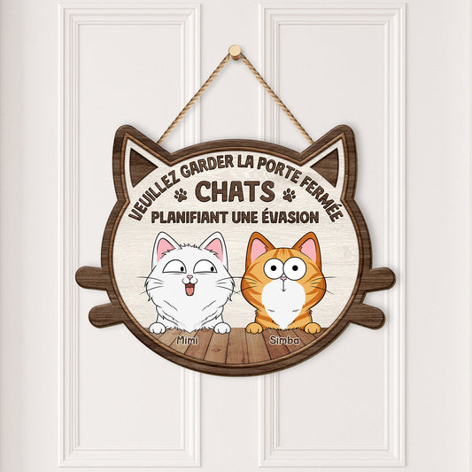 5035QFR2 plaque en bois personnalisee avec chat a suspendre fermer la porte svp 5035q8qnd