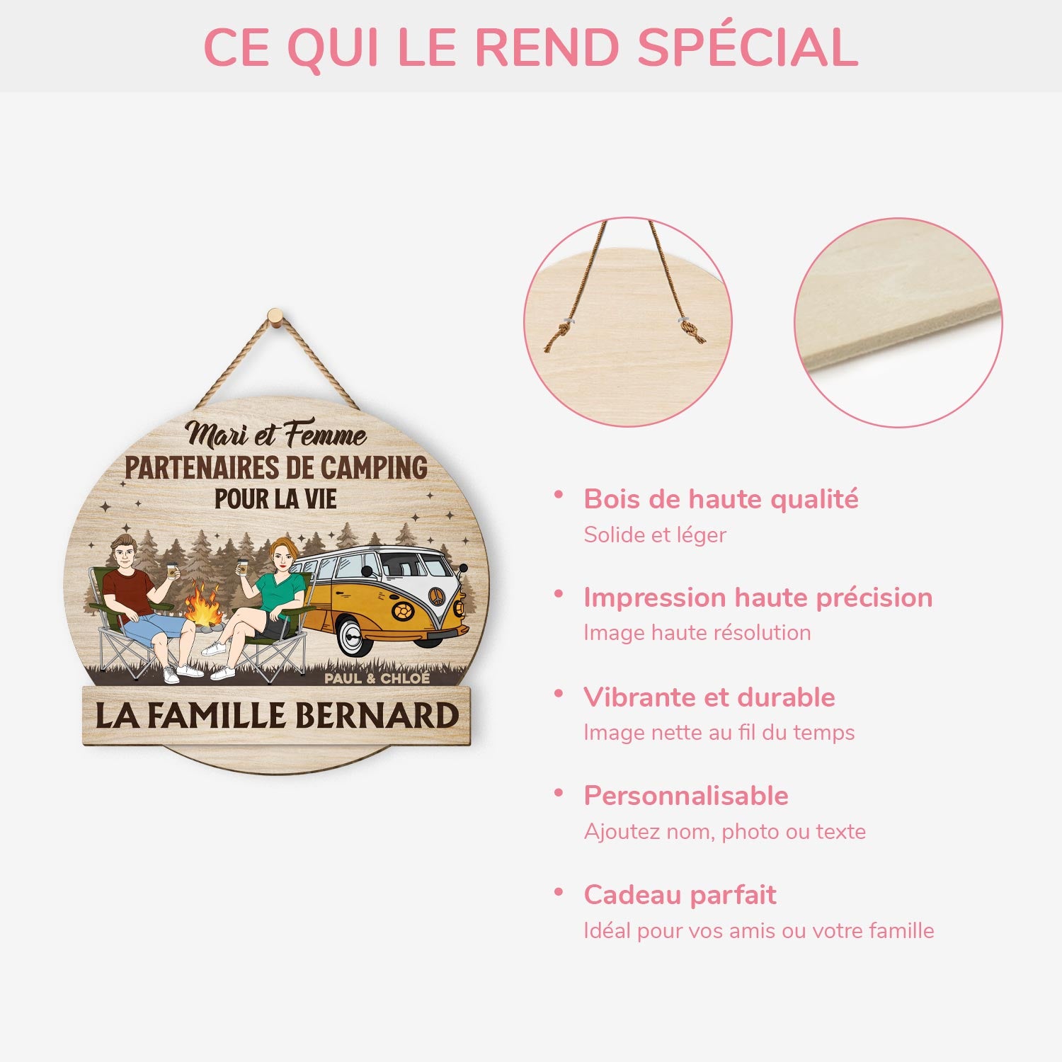 5043QFR4 plaque en bois personnalisee couple a suspendre partenaires de camping 5043q8tag
