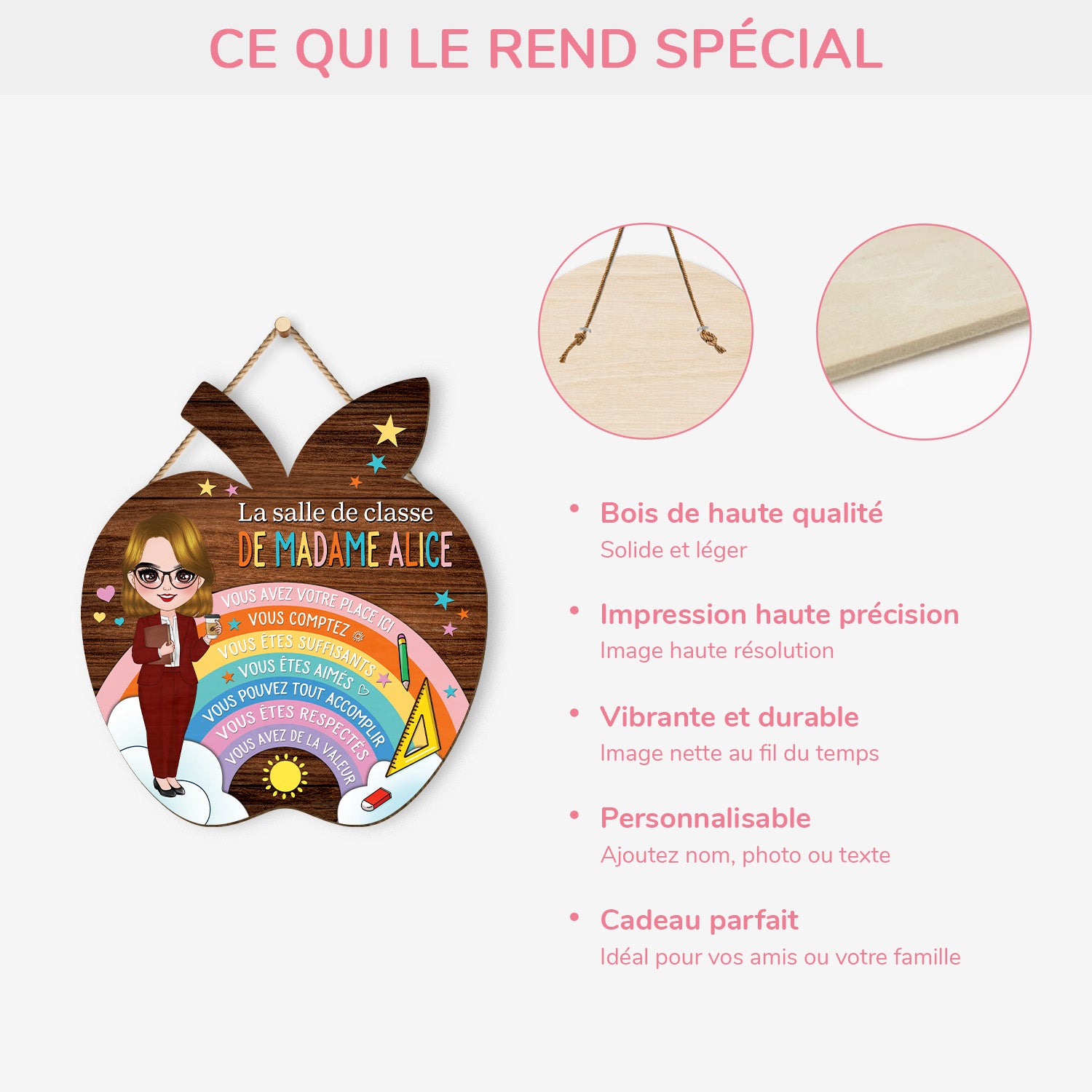 5053QFR4 plaque en bois personnalisee pour maitresse a suspendre la salle de classe 5053qt6mt
