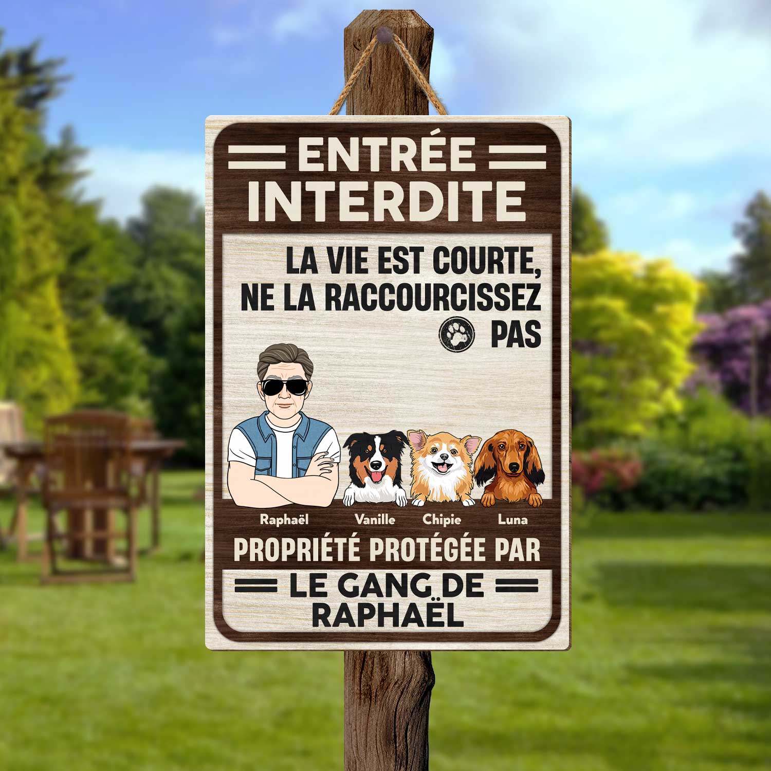 5070QFR2 plaque en bois personnalisee avec chien a suspendre propriete protegee 5070qkqac