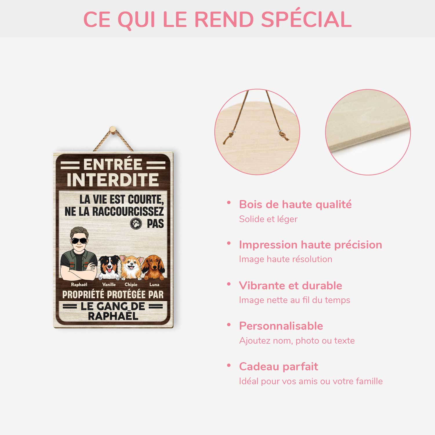 5070QFR4 plaque en bois personnalisee avec chien a suspendre propriete protegee 5070qkqac