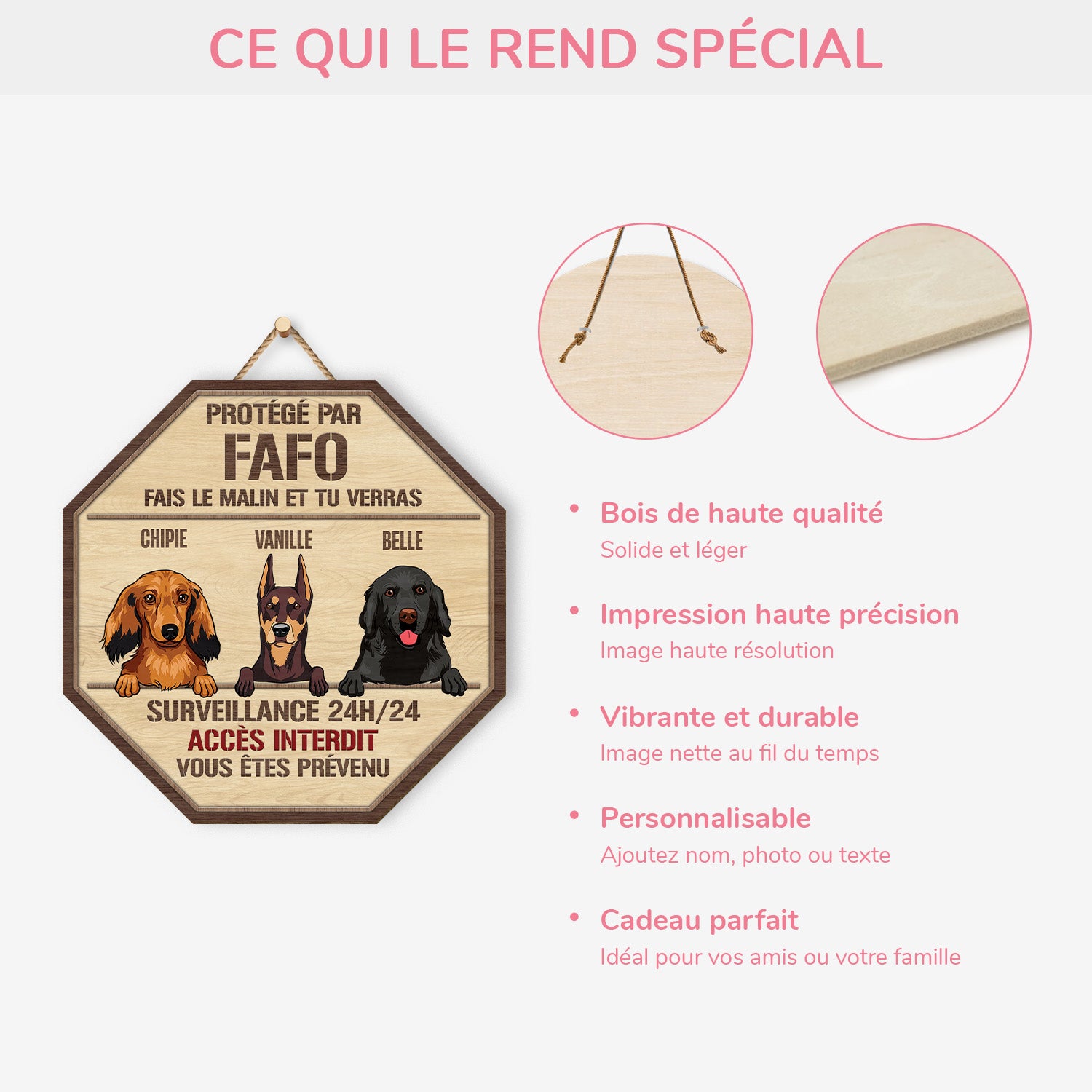 5087QFR4 plaque en bois personnalisee avec chien a suspendre protege par 5087qkymc