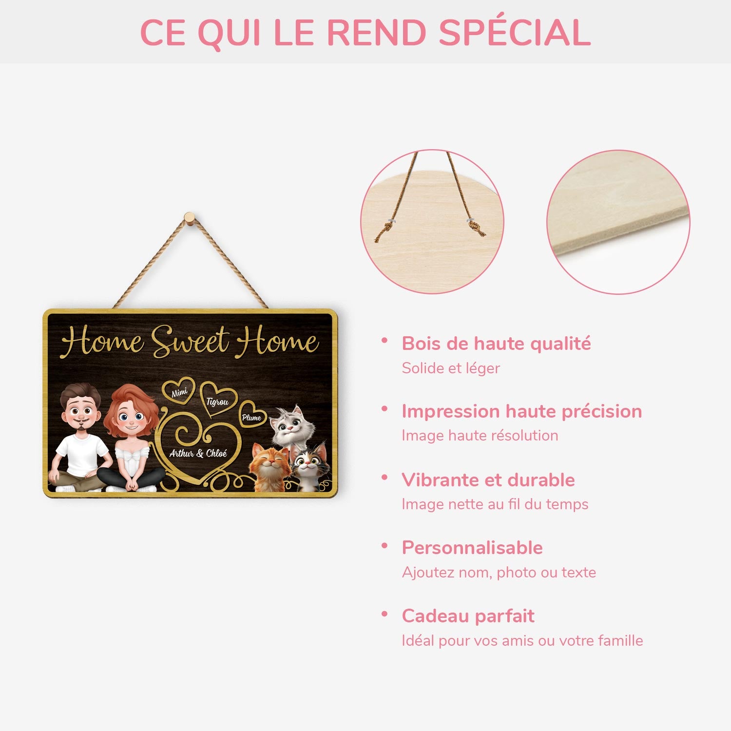 5090QFR4 plaque en bois personnalisee avec chat a suspendre home sweet home 5090qkmad