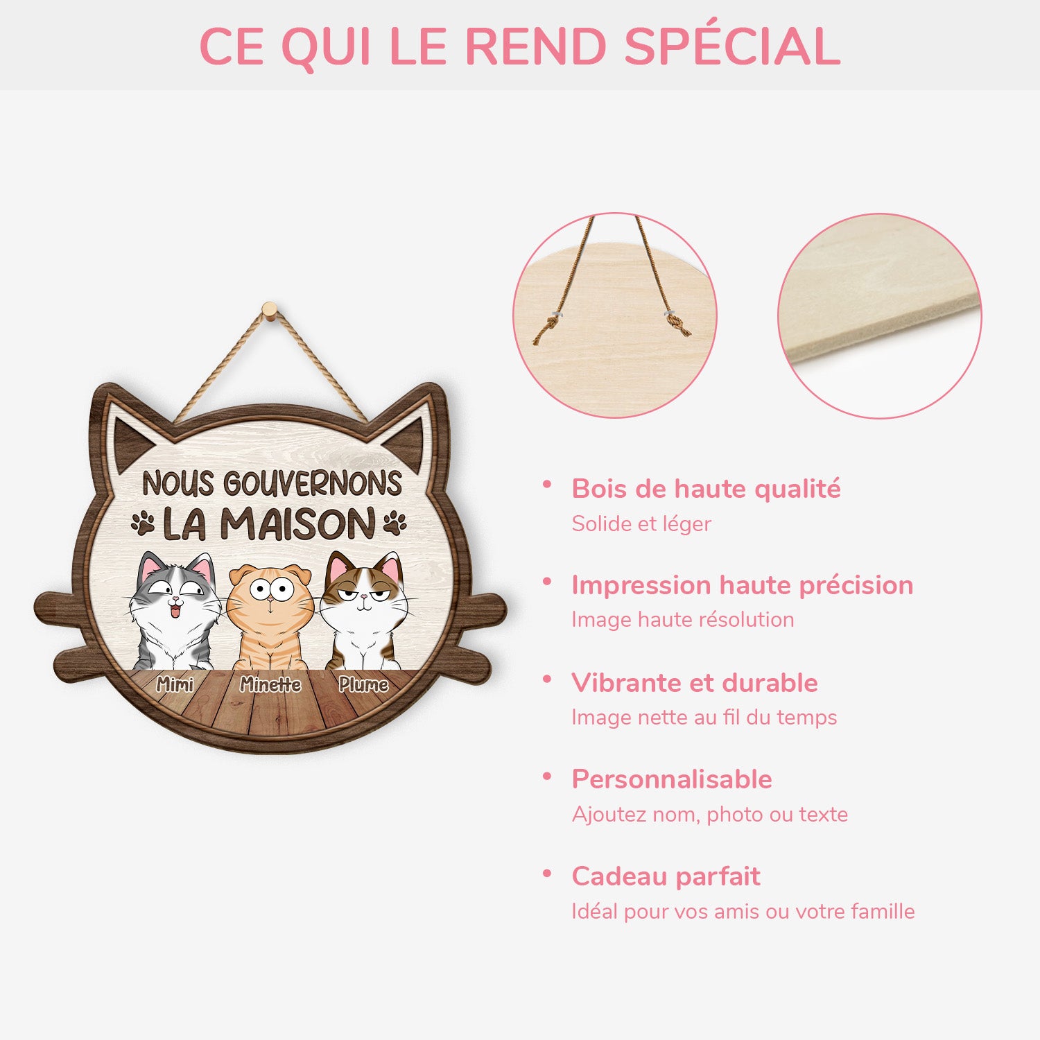 5094QFR4 plaque en bois personnalisee avec chat a suspendre nous gouvernons la maison 5094q8itd