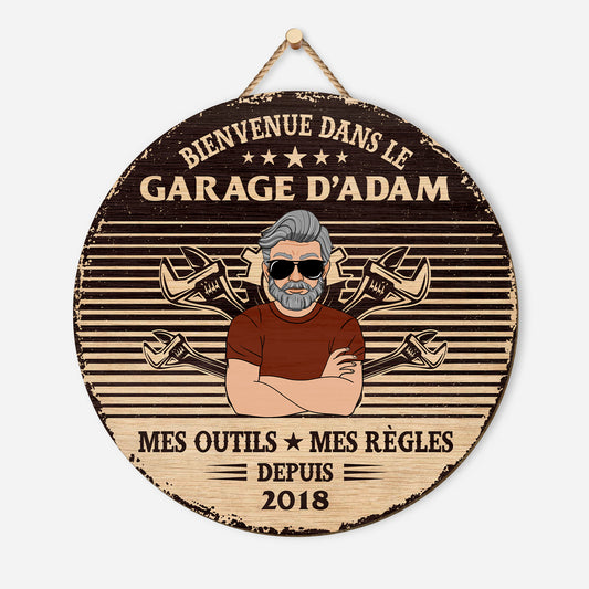 5099QFR1 plaque en bois personnalisee a suspendre bienvenue dans le garage 5099qklmb