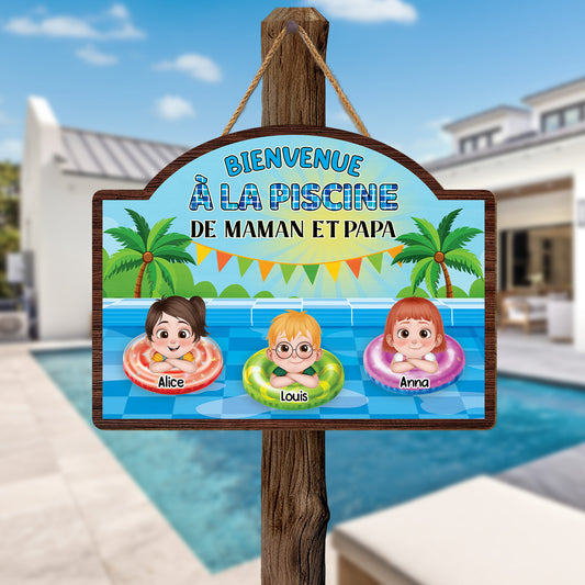 5102QFR2 plaque en bois personnalisee a suspendre bienvenue a la piscine 5102q8mti