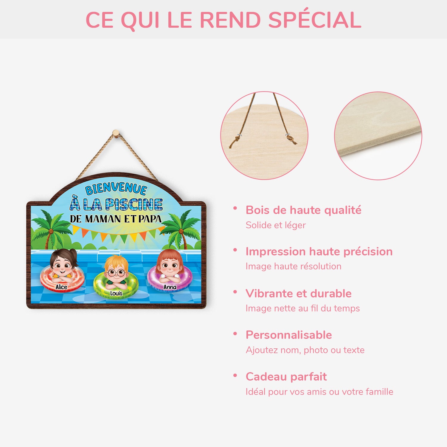 5102QFR4 plaque en bois personnalisee a suspendre bienvenue a la piscine 5102q8mti