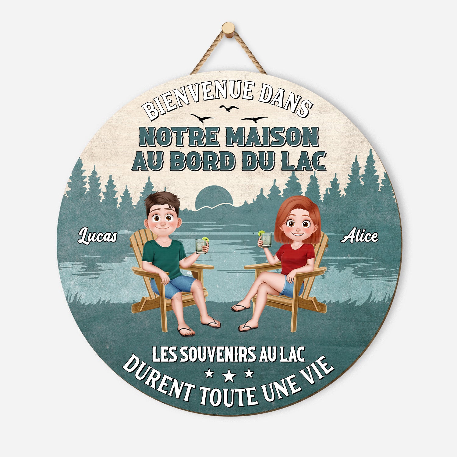 5105QFR1 plaque en bois personnalisee a suspendre bienvenue dans notre maison au bord du lac 5105qtgmi