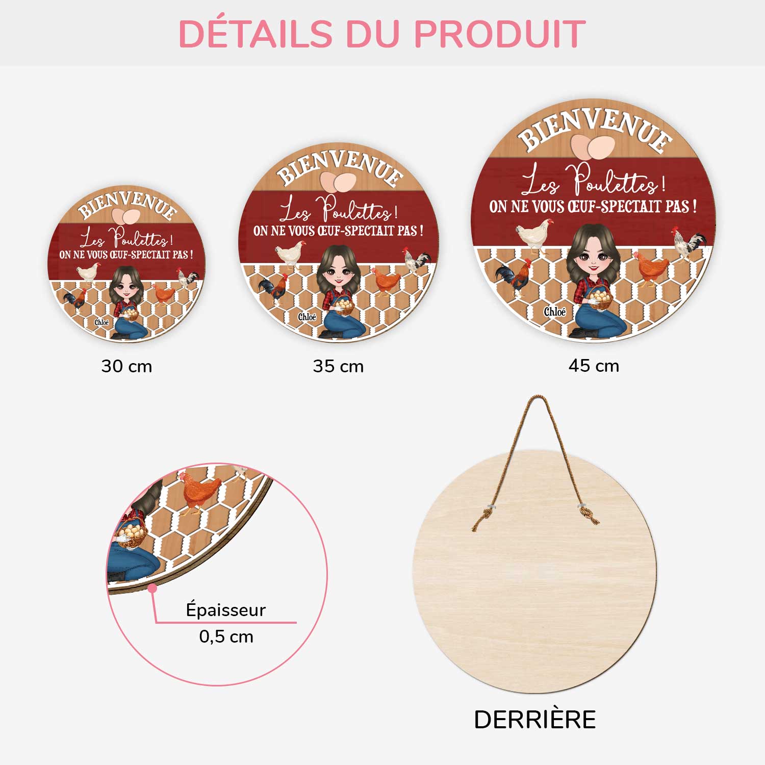 5108QFR3 plaque en bois personnalisee a suspendre bienvenue les poulettes 5108qtkaa