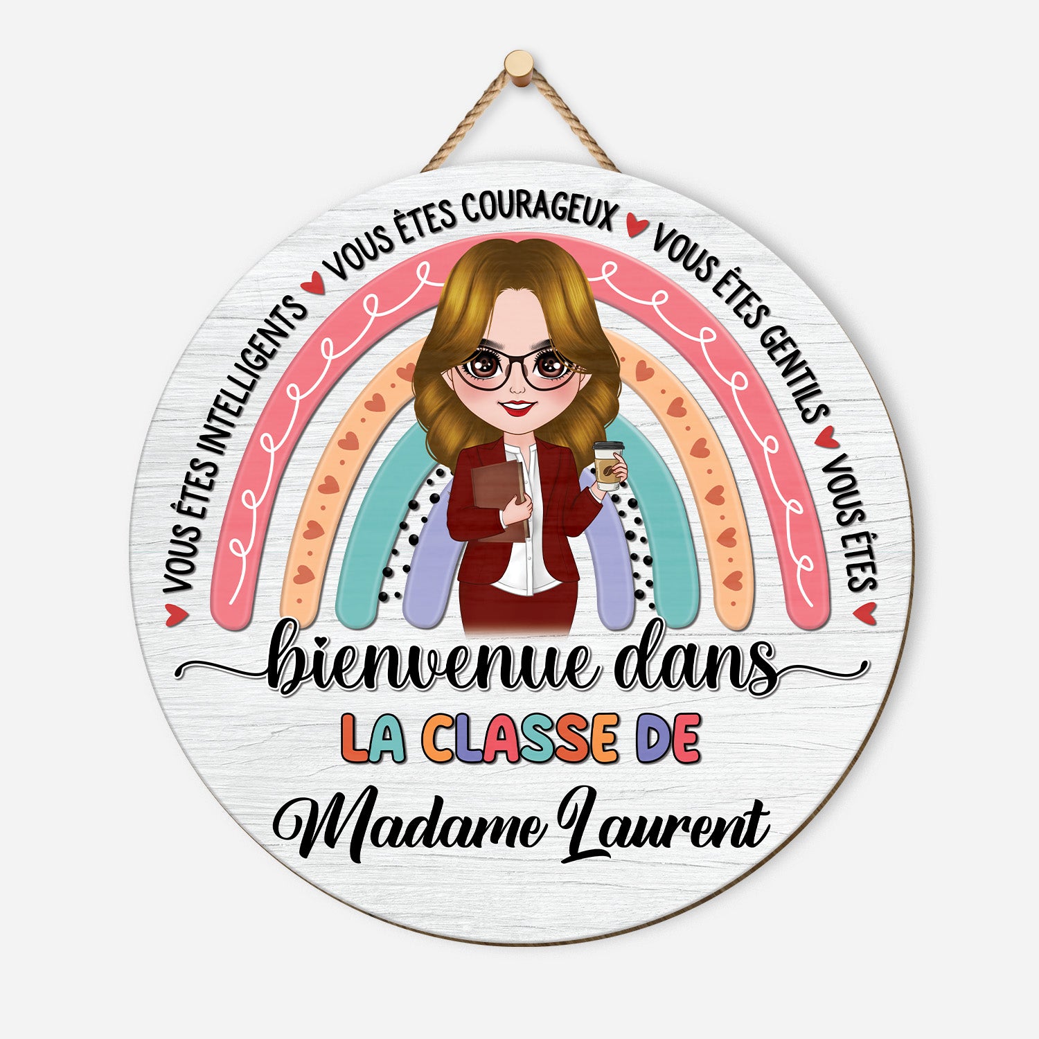 5114QFR1 plaque en bois personnalisee a suspendre bienvenue dans la classe 5114q66mi