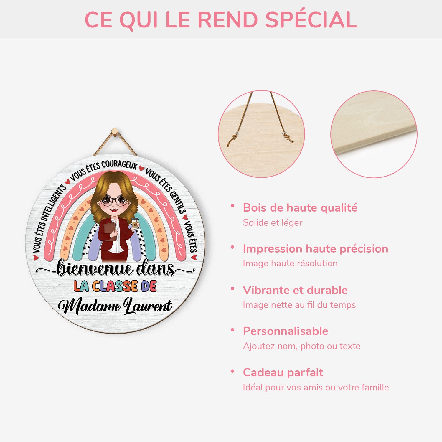 5114QFR4 plaque en bois personnalisee a suspendre bienvenue dans la classe 5114q66mi