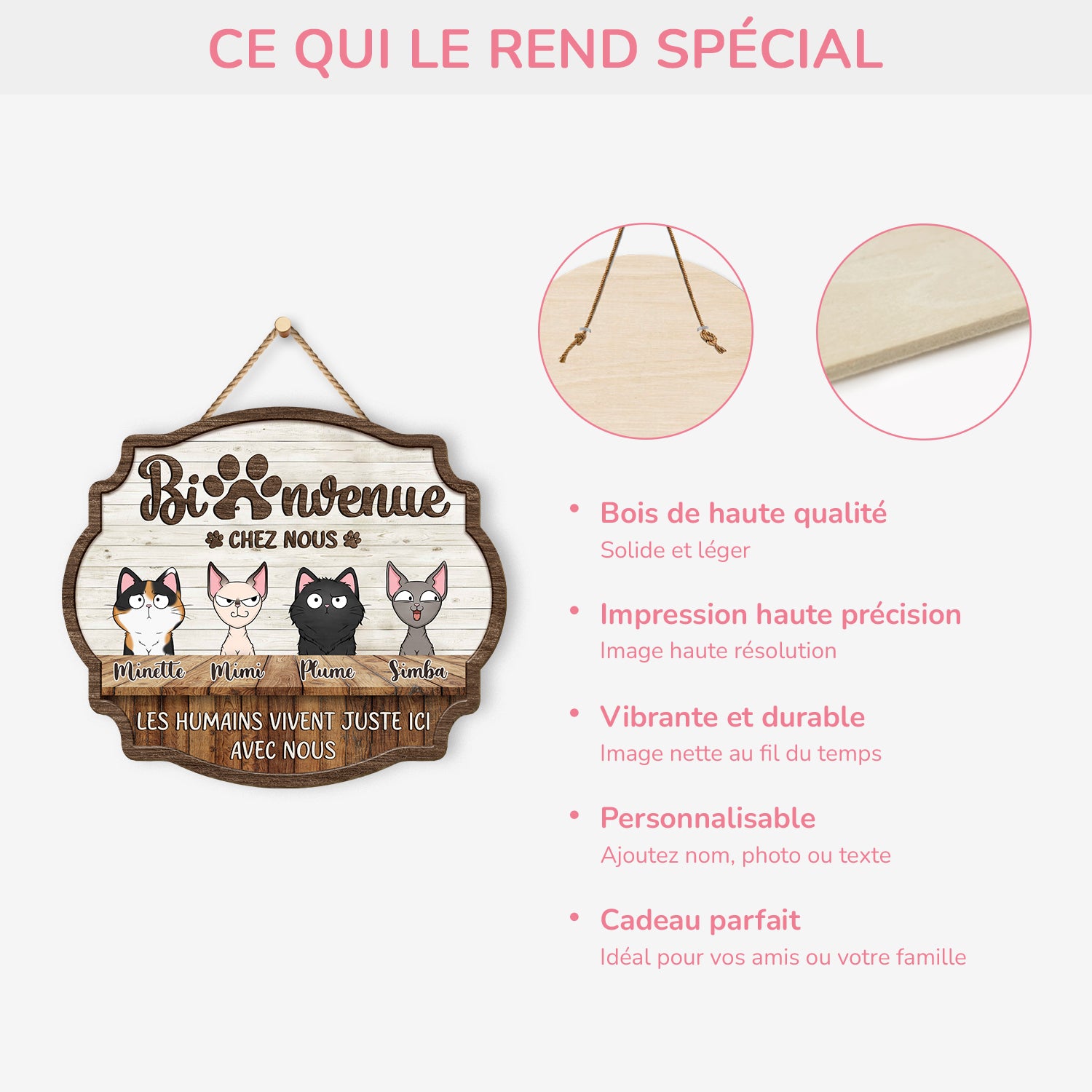 5135QFR4 plaque en bois personnalisee avec chat rigolo a suspendre bienvenue chez nous 5135qkynd