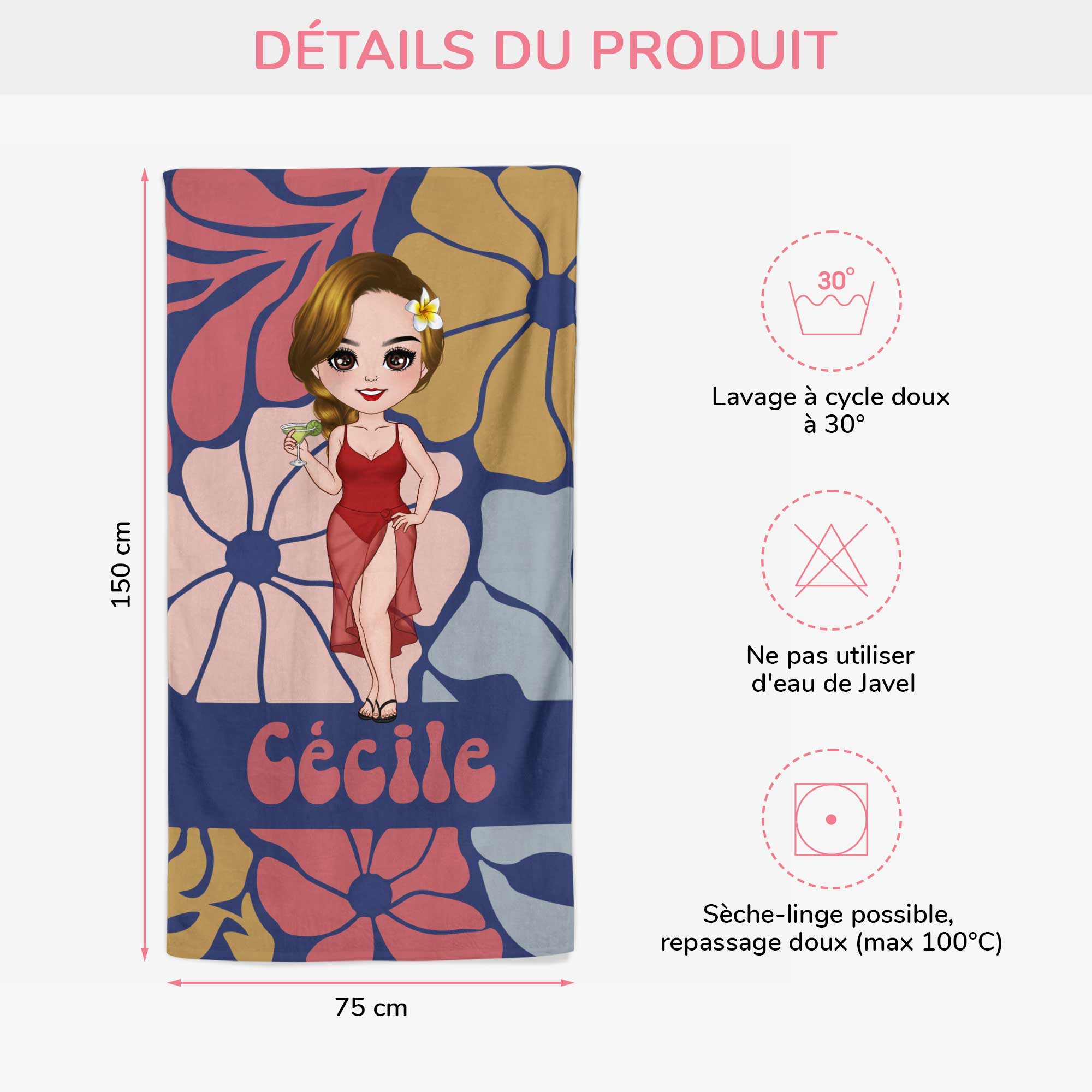 5187BFR3 serviette de plage personnalise femme charmante version florale 5187bkgaa