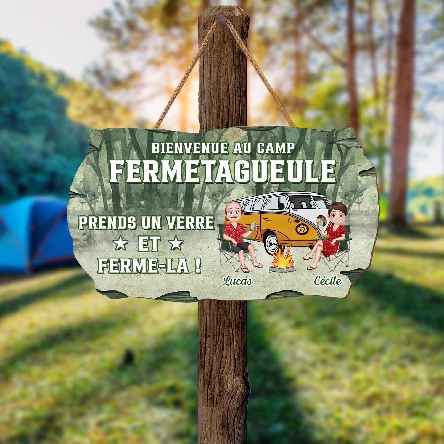 5197QFR2 plaque en bois personnalisee pour couple bienvenue au camp 5197qkltg_1f57741d 5c64 4fd7 aeb3 8a1846b3905d