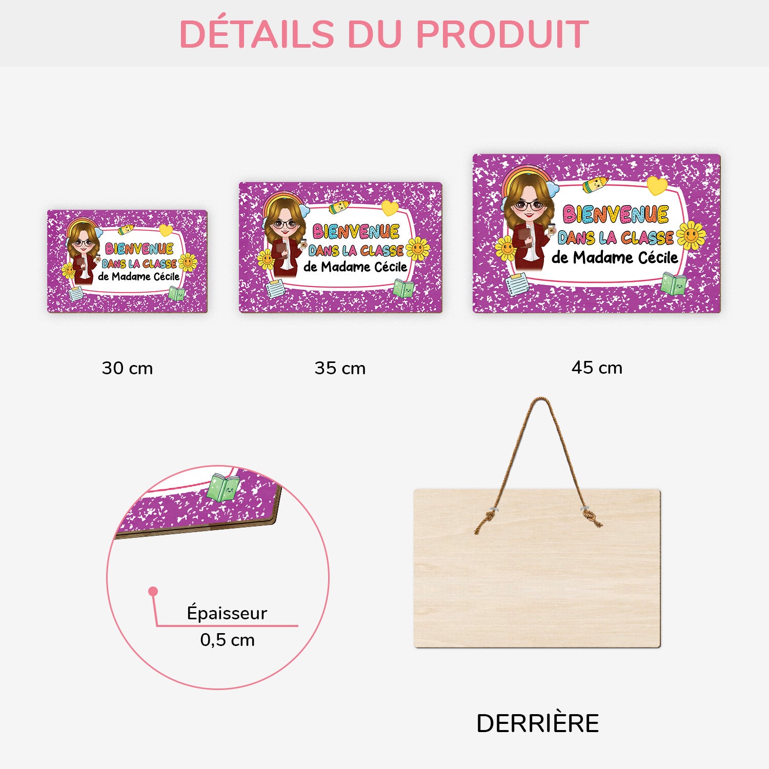5204QFR3 plaque en bois personnalisee a suspendre bienvenue dans la classe dessin crayon 5204qkmtt