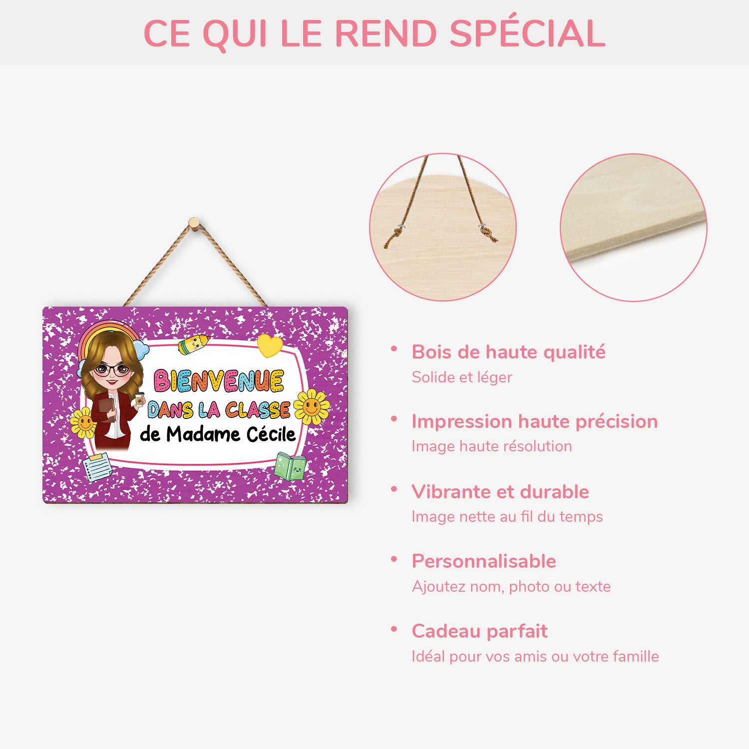 5204QFR4 plaque en bois personnalisee a suspendre bienvenue dans la classe dessin crayon 5204qkmtt