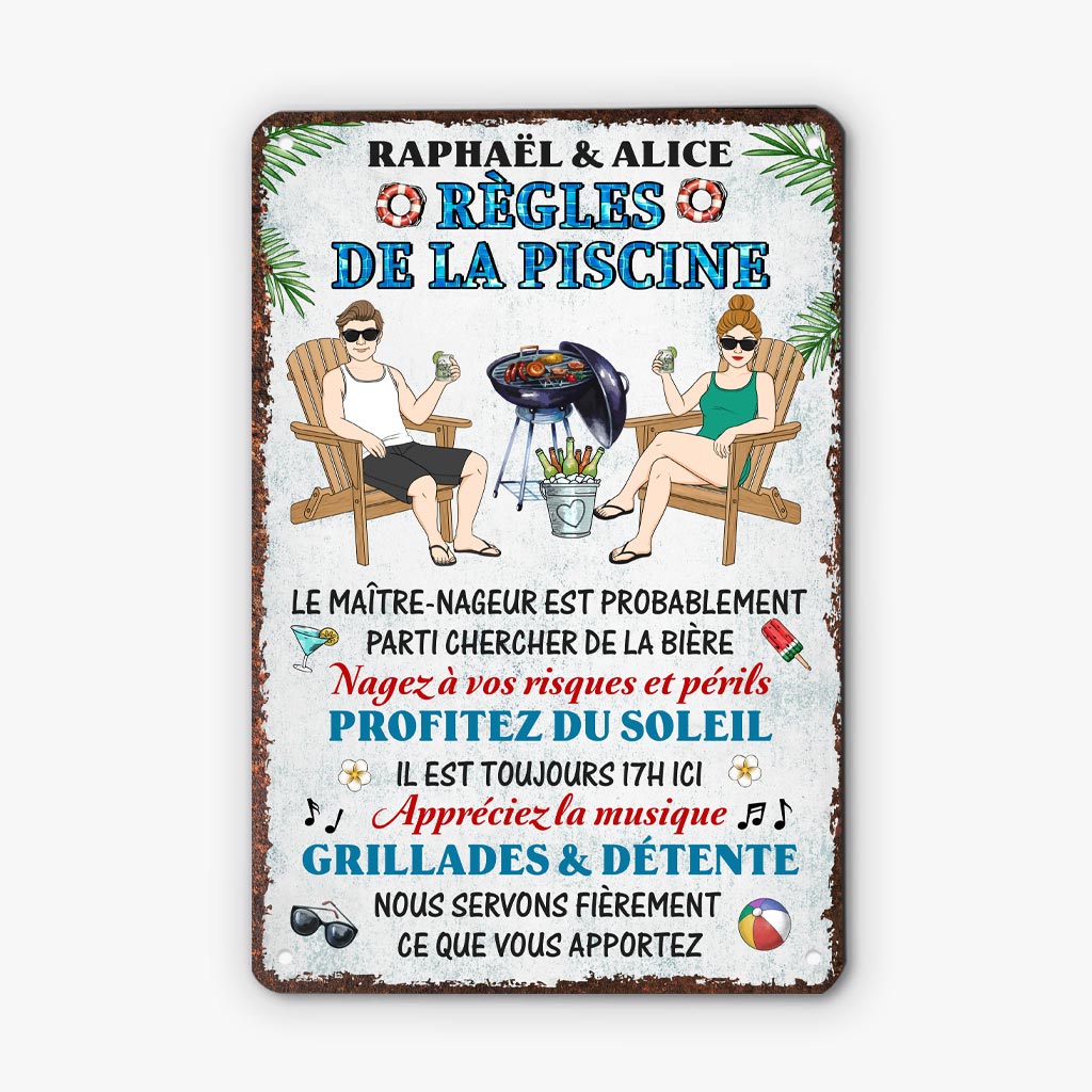 5210EFR1 plaque en metal personnalisee pour couple regles de la piscine 5210etkag