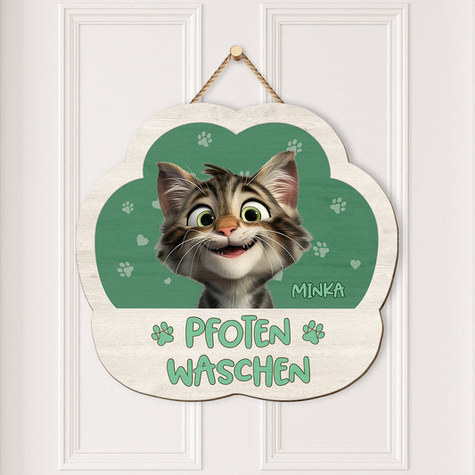 5214QFR2 plaque en bois personnalisee a suspendre avec chat lave tes pattes 5214qk6nd