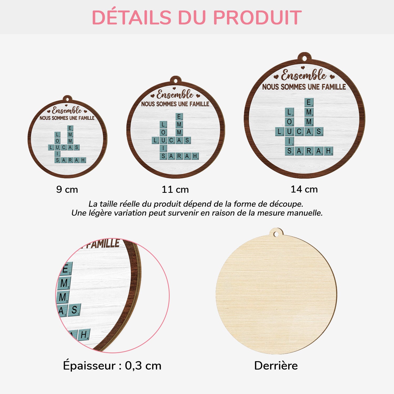 5220OFR3 ornement noel en bois a 1 couche personnalise nous formons une famille avec mots croises 5220o3lmi