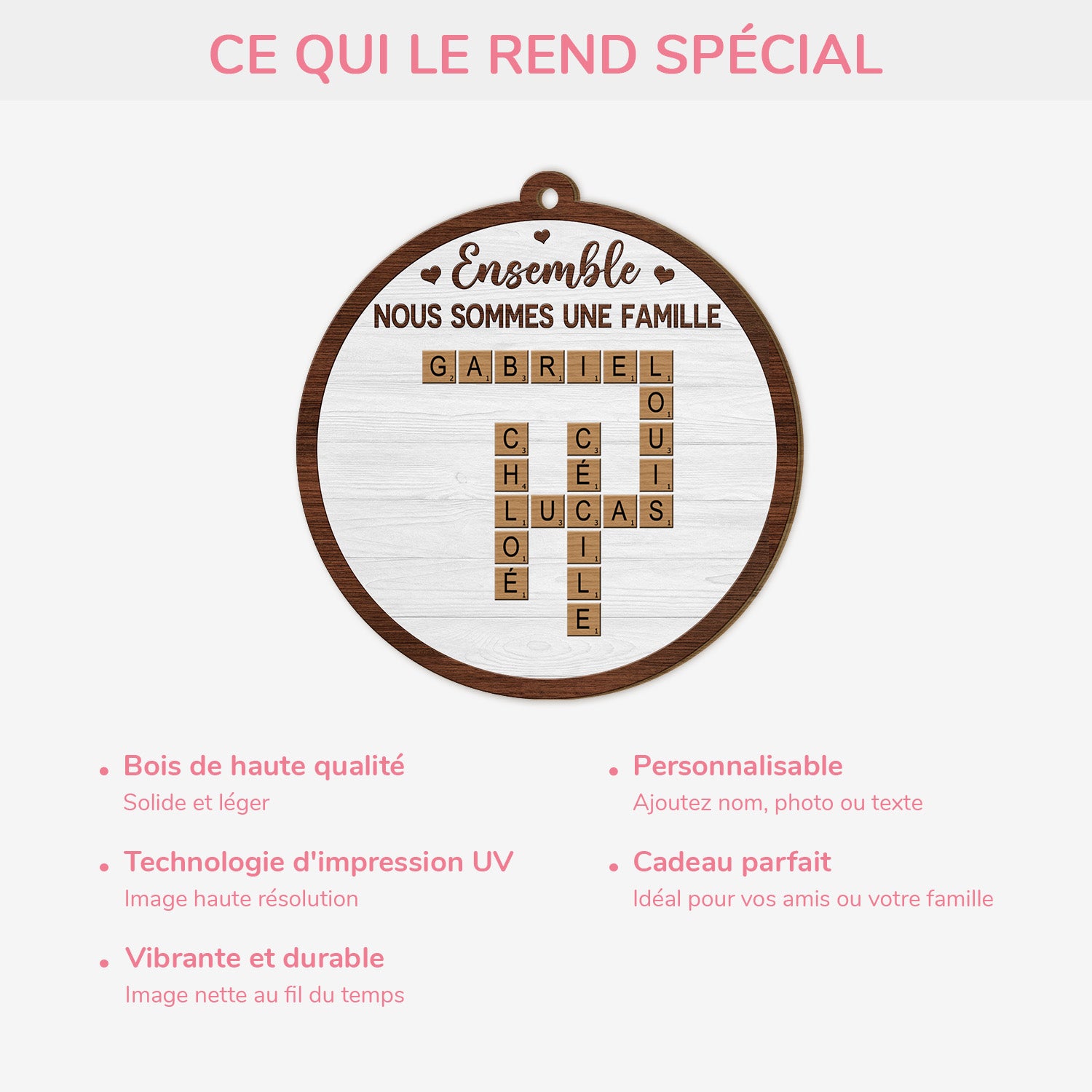 5220OFR4 ornement noel en bois a 1 couche personnalise nous formons une famille avec mots croises 5220o3lmi