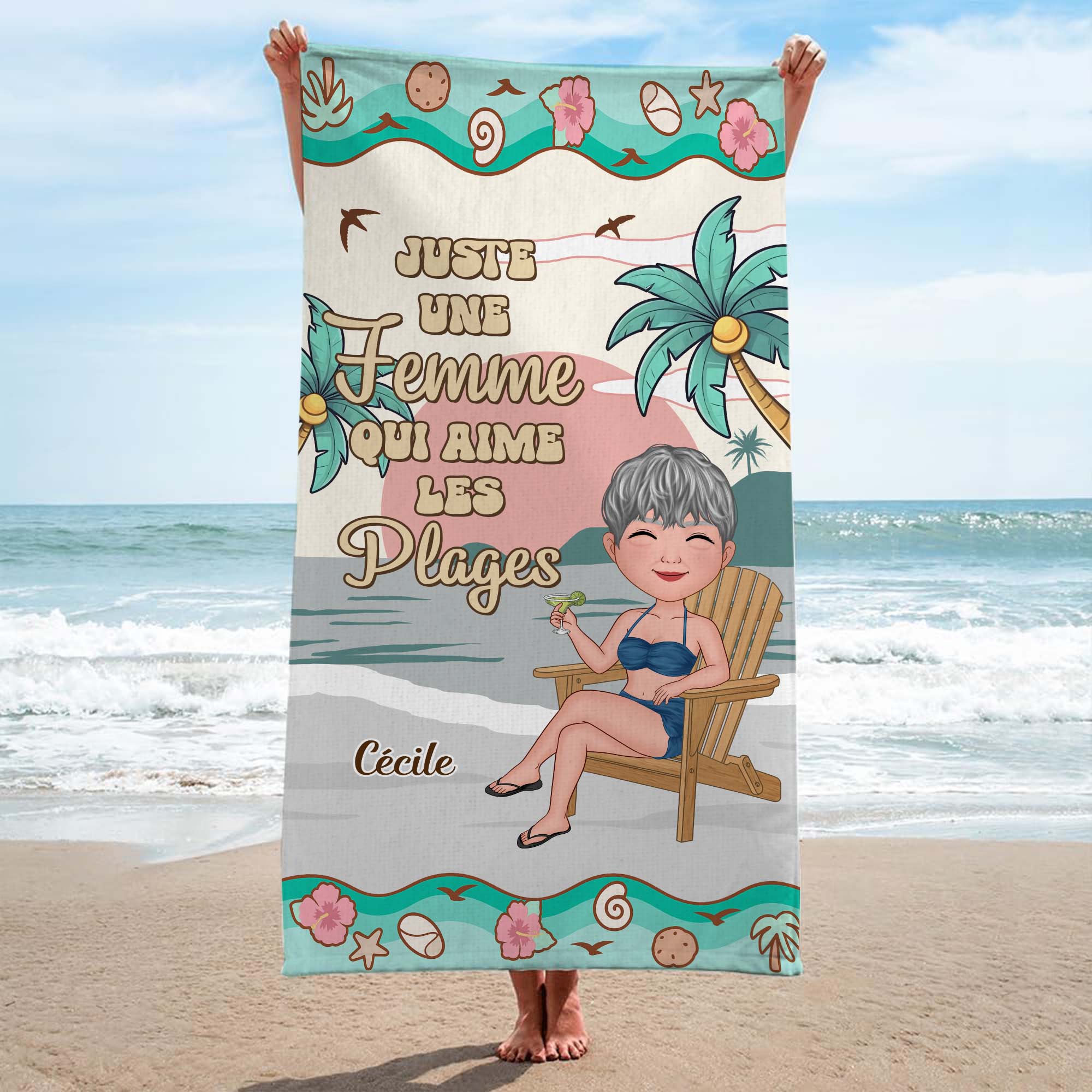 5222BFR2 serviette de plage personnalise juste une fille qui aime les plages 5222btkta