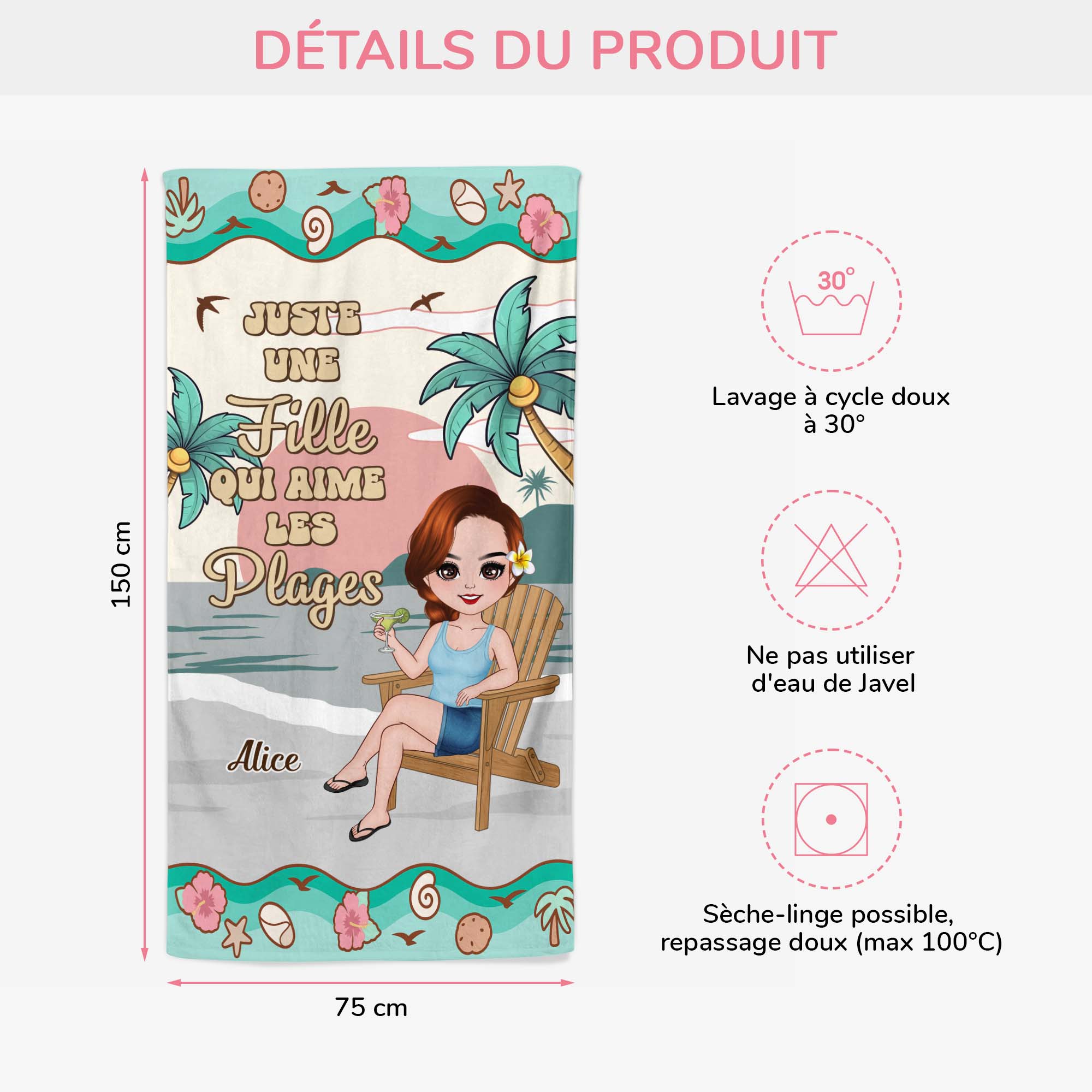 5222BFR3 serviette de plage personnalise juste une fille qui aime les plages 5222btkta