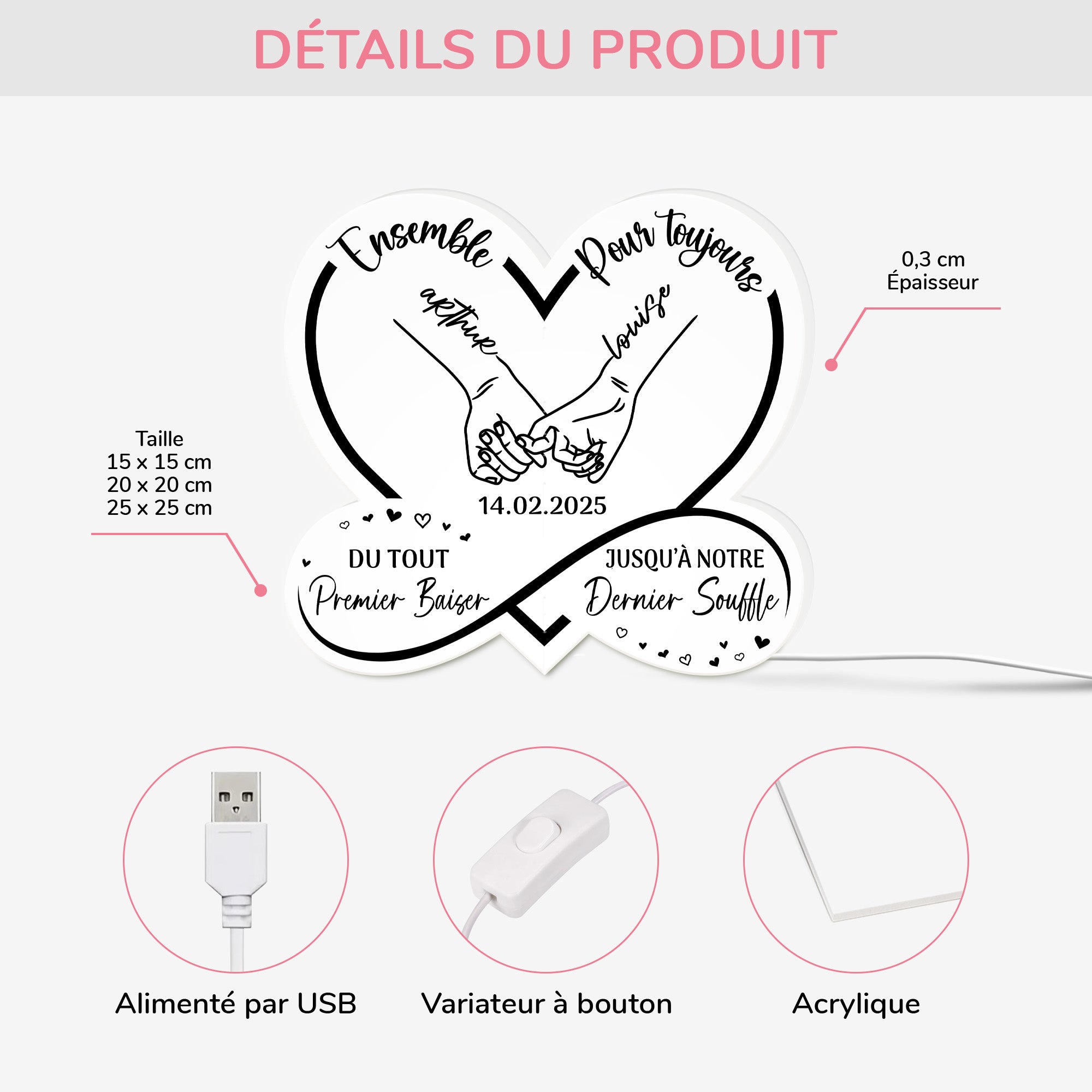 5242LFR3 lightbox personnalisable pour couple ensemble pour toujours version mains 5242l6tma